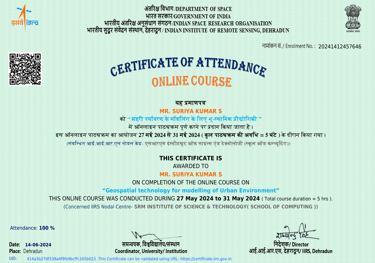 Geospatial Technology for Modelling of Urban Environment Certificate