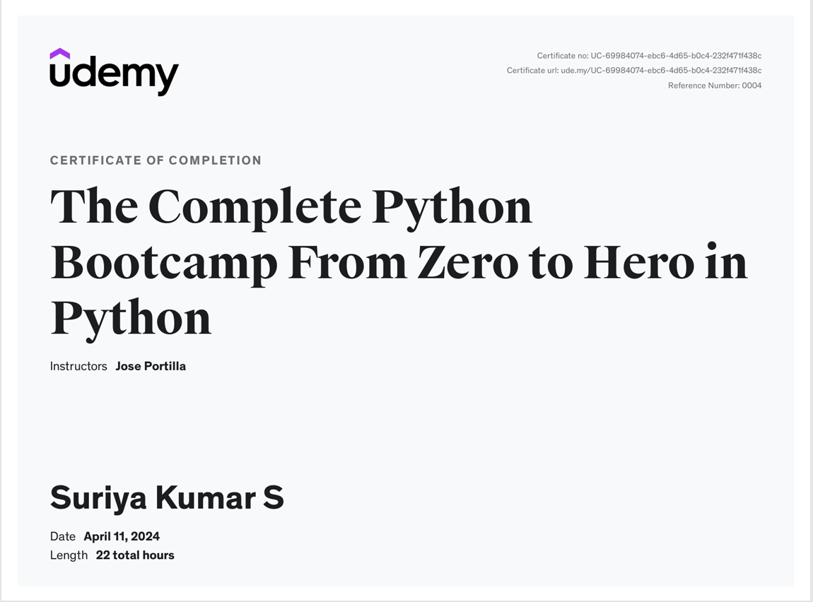 Complete Python Bootcamp Certificate