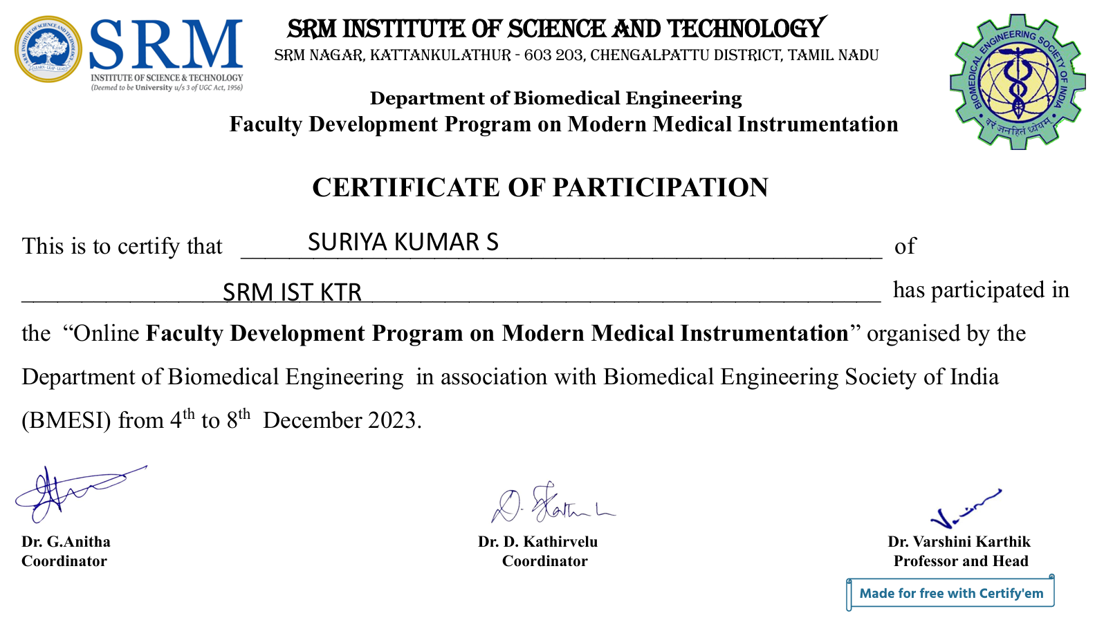 FDP Modern Medical Instrumentation Certificate