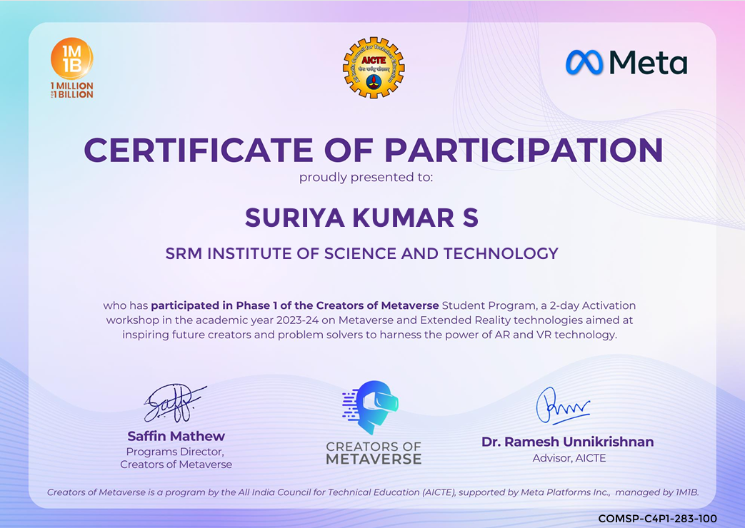Creators of Metaverse Workshop Certificate